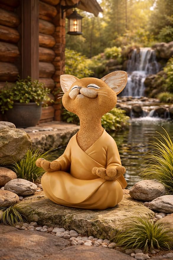 JFSM INC. 12" Whimsical Happy Cat Garden Buddha Statue - Indoor Outdoor Resin Cat Statue - Meditating Animal Sculpture, Mindful Yoga Decor for Patio Yard Lawn Porch