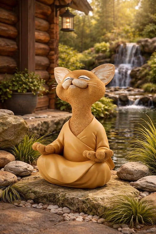 JFSM INC. 12" Whimsical Happy Cat Garden Buddha Statue - Indoor Outdoor Resin Cat Statue - Meditating Animal Sculpture, Mindful Yoga Decor for Patio Yard Lawn Porch