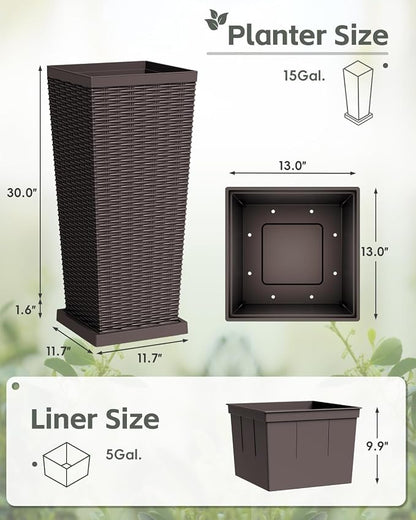 Greesum Set of 2 Tall Plastic Planters with Saucer, 30 Inch Large Pots with Drainage Trays, Weather-Resistant Plastic Plant Containers for Patio, Porch, Garden,Brown