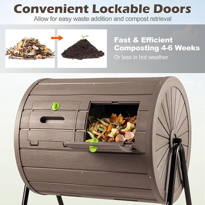 Goplus Compost Tumbler, 37.5 Gallon Large Outdoor Compost Bin w/Dual Chambers, 2 Lockable Doors, Efficient 360° Rotating Batch Composter for Garden Yard Farm Waste, Easy Assembly, BPA-Free (Coffee)