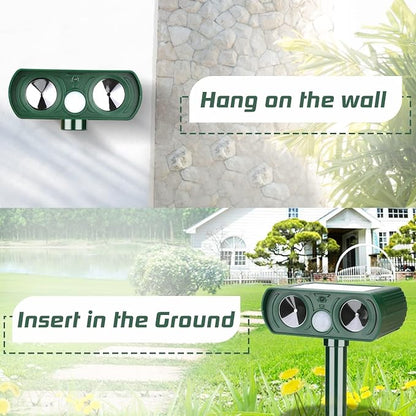 2 Pack Solar Ultrasonic Animal Repellent Deer Repellent Devices Cat Repellent Outdoor Motion Activated Rabbit Squirrel Repellent Waterproof for Yard, Farm, Garden