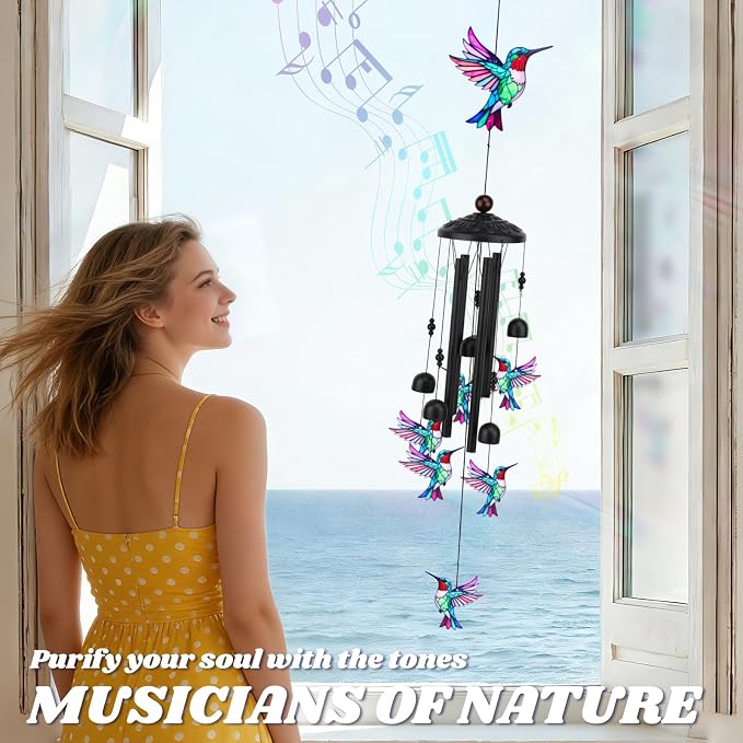 Hummingbird Wind Chimes for Outside, Metal Wind Chimes Outdoor for Patio Porch Yard Garden, Hummingbird Gifts for Women, Mothers Day Birthday Memorial Gifts for Mom Grandma Wife, Outdoor Decor