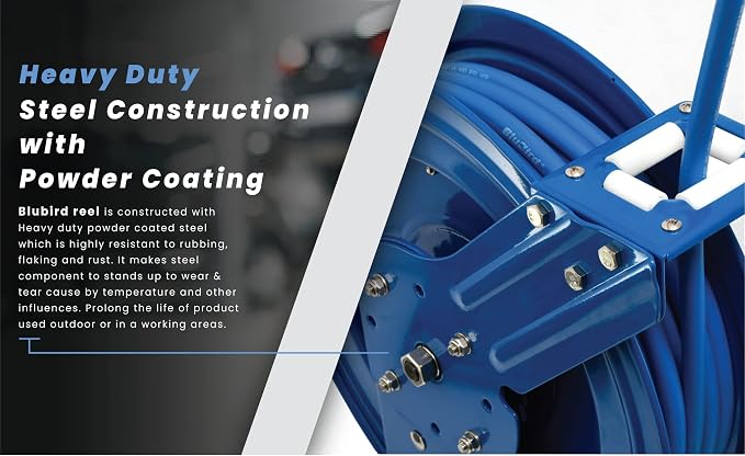 BLUBIRD BBRHD3850 18ga. Retractable Hose Reel with 3/8" X 50' Air Hose, 12 Point Ratcheting Gear, Next-Gen Rubber, Lightest, Strongest, Most Flexible, 300 PSI, -50F to 190F Degrees, Polyester Braided