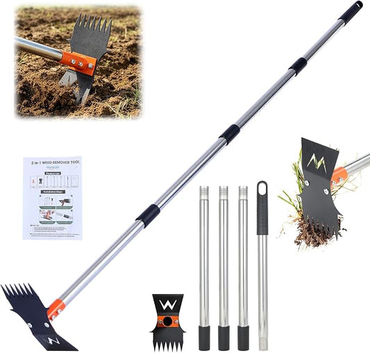Weed Puller Tool, 60" Stand Up 2-in-1 Weed Rake & Garden Hoe | 7-Tine Heavy Duty, 60" Adjustable Handle, Cast Steel Head, Rust-Resistant, for Dandelion Crabgrass, Yard Lawn Garden