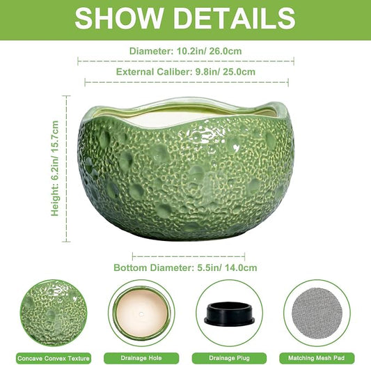 Ceramic Pots for Plants - 10 Inch Plant Pot for Indoor Outdoor, Round Bonsai Pots with Drainage Hole, Modern Planter, Decorative Flower Pot, Living Room Decor, Gifts for Plant Lovers, Green