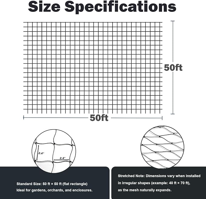 Jollybower Bird Netting 50'x50' Heavy Duty Nylon, 2.4" Square Mesh Poultry Chicken Coop Netting, Garden Netting for Fruit Trees Plants Against Hawks Wild Animals