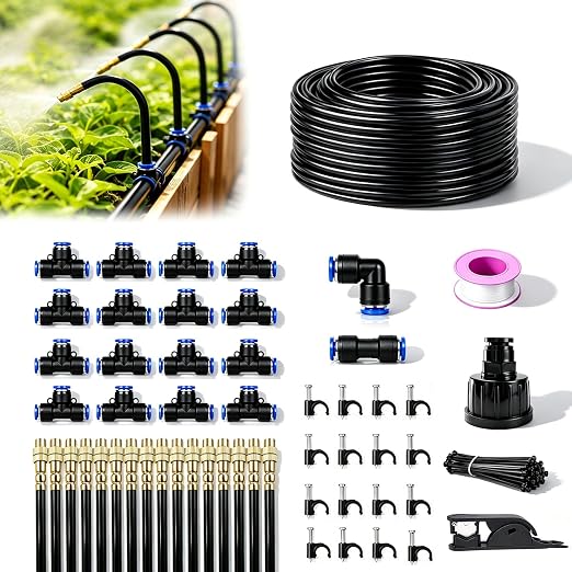 5/16" Drip Irrigation System 65 ft with 16-Pcs 360° Adjustable Copper Nozzles, Automatic Misting Watering System for Garden, Raised Beds, Greenhouse (65ft+16 nozzles)