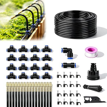5/16" Drip Irrigation System 65 ft with 16-Pcs 360° Adjustable Copper Nozzles, Automatic Misting Watering System for Garden, Raised Beds, Greenhouse (65ft+16 nozzles)