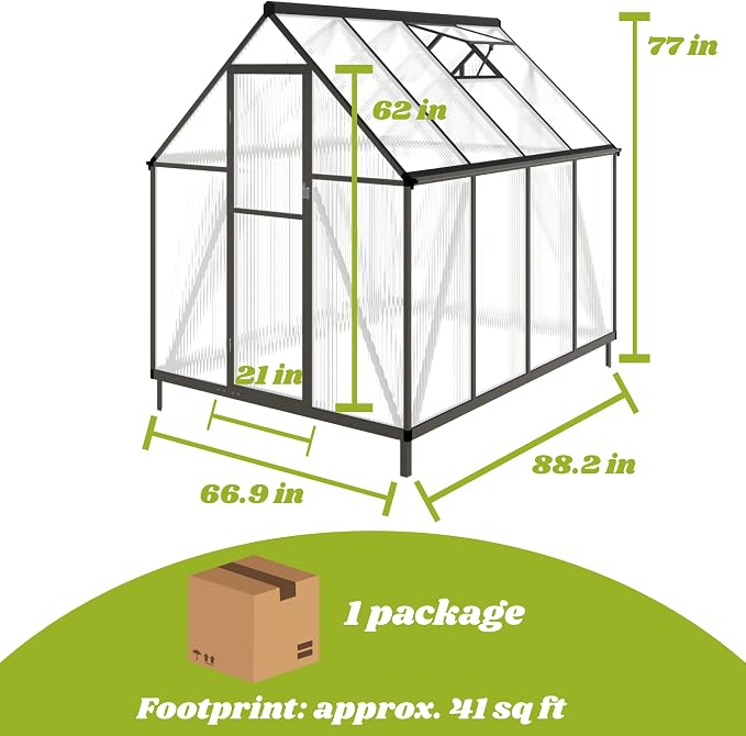 6 x 8 FT Greenhouse for Outdoors, Polycarbonate Greenhouse with Quick Setup Structure and Roof Vent, Aluminum Large Walk-in Green House for Outside Garden Backyard, Dark Gray