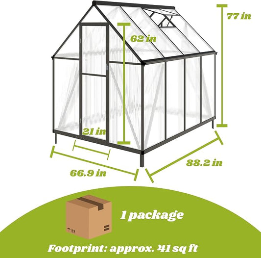6 x 8 FT Greenhouse for Outdoors, Polycarbonate Greenhouse with Quick Setup Structure and Roof Vent, Aluminum Large Walk-in Green House for Outside Garden Backyard, Dark Gray