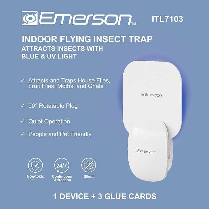 Emerson ITL7103 Plug-in Flying Bug Catcher with UV Light and LED Décor – Indoor Fly, Fruit Fly, Gnat & Moth Catcher, Silent, 24/7 Coverage, Mess-Free, use in Any Room, Includes 3 Glue Cards