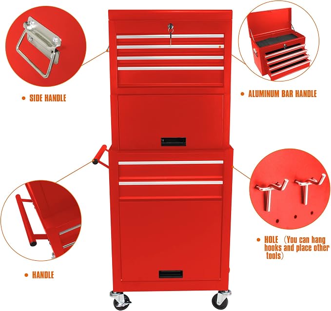 6-Drawer Tool Chest, Detachable Top Box for Garage, RED | Rolling Mobile Storage Cabinet Organizer with Lockable Wheels for Workshop Utility, Heavy Duty Metal Construction