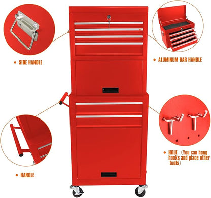 6-Drawer Tool Chest, Detachable Top Box for Garage, RED | Rolling Mobile Storage Cabinet Organizer with Lockable Wheels for Workshop Utility, Heavy Duty Metal Construction