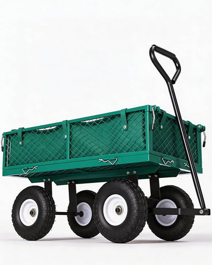 GarveeTech 400LBS Heavy Duty Steel Garden Cart, Garden Wagon Cart on Wheels, Metal Yard Utility Wagon with Removable Mesh Sides, 10" All Terrain Tires, 180° Rotating Handle for Lawn, Garden, Farm