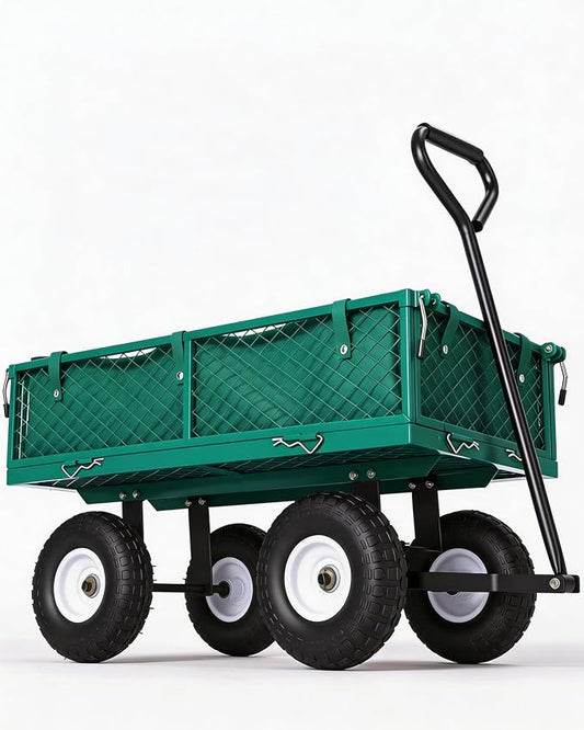 GarveeTech 400LBS Heavy Duty Steel Garden Cart, Garden Wagon Cart on Wheels, Metal Yard Utility Wagon with Removable Mesh Sides, 10" All Terrain Tires, 180° Rotating Handle for Lawn, Garden, Farm