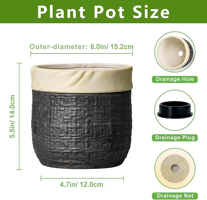 Ceramic Flower Pots - 6 Inch Pots for Plants Indoor Plants, Round Planter with Drainage Hole and Plug, Boho Decorative Plant Pot, House Room Garden Decor, Garden Gift for Women, Black