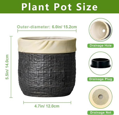Ceramic Flower Pots - 6 Inch Pots for Plants Indoor Plants, Round Planter with Drainage Hole and Plug, Boho Decorative Plant Pot, House Room Garden Decor, Garden Gift for Women, Black