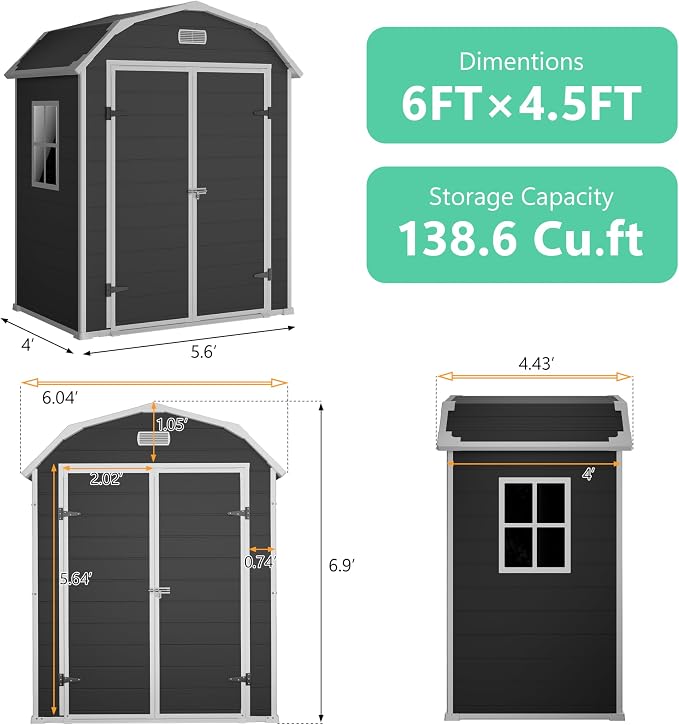 Resin Shed with Floor 6x4.5 FT, Top Larger Storage Space, Outdoor Storage Shed with Lockable Door, Outside Shed Perfect to Store Patio Furniture, GardenTools Bike Accessories, for Gardens, Backyards