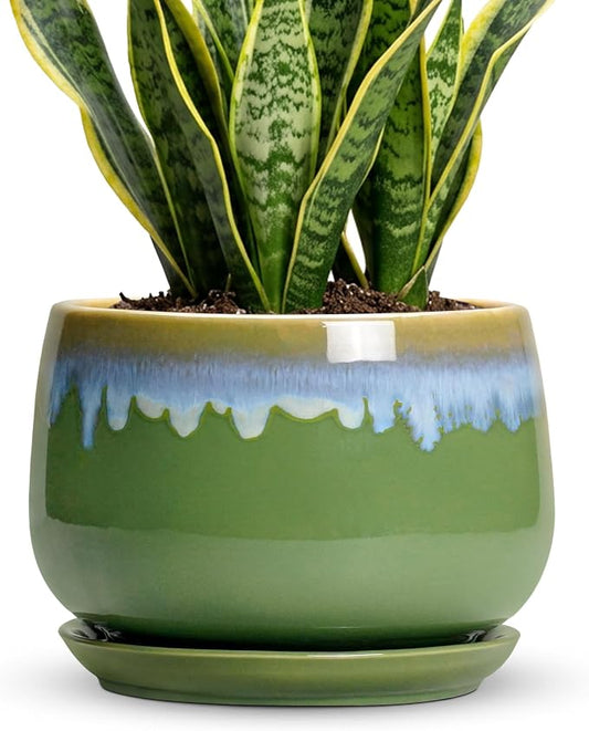 9 Inch Indoor Plant Pots - Ceramic Planters for Indoor Plants, Decorative Planter with Drainage and Saucer, Round Flower Pot, Porch Garden Office Decor, Gardening Gifts for Women, Green-Blue