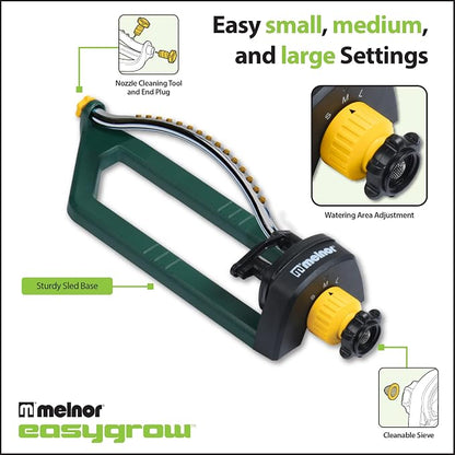 Melnor 65151AMZ Oscillating Sprinkler, Covers Up to 3,000 Sq. Ft., Small Medium Large Coverage Adjustment, 15 Precision Nozzles, Quick Connect Bundle, Green, Yellow