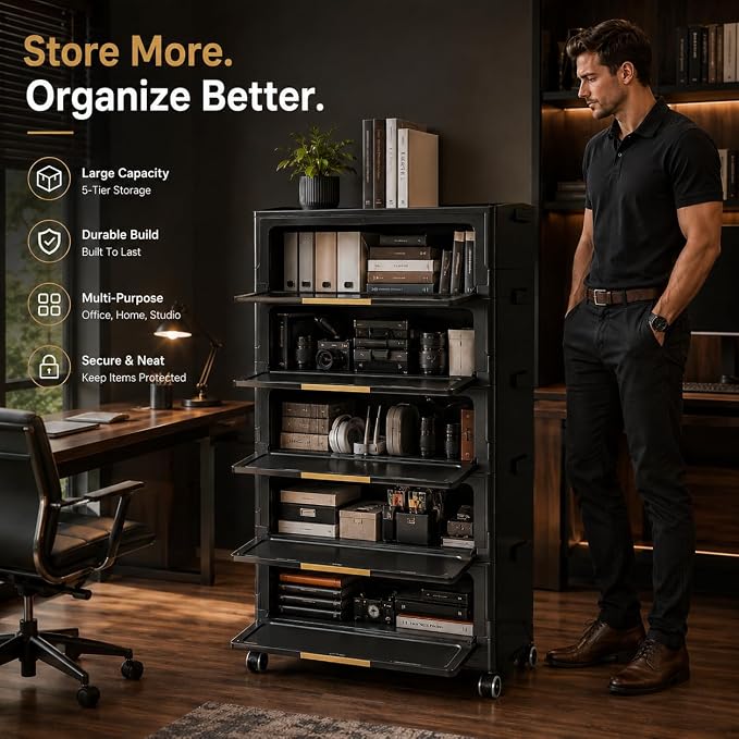 Foldable Storage Cabinet with Doors & Locking Wheels, 5-Tier Large-Capacity Organizer, No-Tool Setup, Impact-Resistant ABS Construction for Dorm, Pantry, Laundry, and Living Spaces