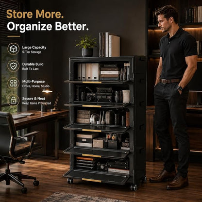 Foldable Storage Cabinet with Doors & Locking Wheels, 5-Tier Large-Capacity Organizer, No-Tool Setup, Impact-Resistant ABS Construction for Dorm, Pantry, Laundry, and Living Spaces