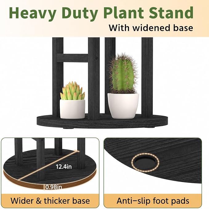 ASZOLA 4 Tiered Wood Plant Stand Indoor Corner with Grow Lights, Flower Holder Rack Tall for Multiple Plants, Rustic Planter Shelf Display for Patio Garden Balcony Living Room, Black