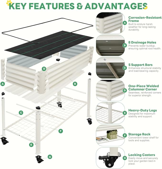 Elevated Raised Garden Bed with Legs and Wheels- 48''x24''x32'' Galvanized Metal Standing Planter Boxes Outdoor with Bottom Storage Shelf for Backyard, Patio, Balcony, Vegetables, Flowers, White