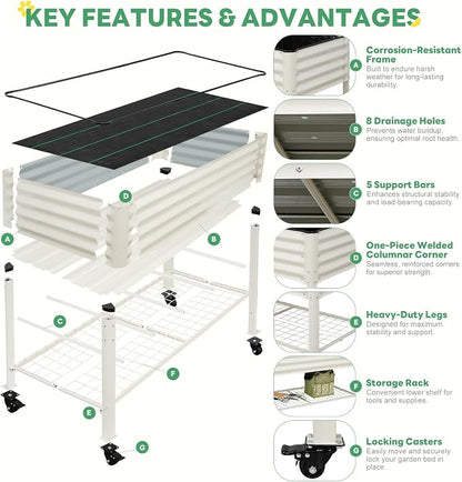 Elevated Raised Garden Bed with Legs and Wheels- 48''x24''x32'' Galvanized Metal Standing Planter Boxes Outdoor with Bottom Storage Shelf for Backyard, Patio, Balcony, Vegetables, Flowers, White