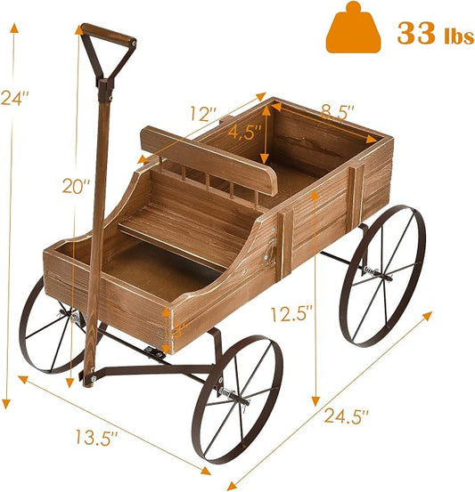 Wooden Wagon Planter, Decorative Flower Pots w/ 2 Planting Sections, Wheels & Handle, Rustic Farmhouse Garden Planter Box for Patio, Yard, Porch (Walnut)