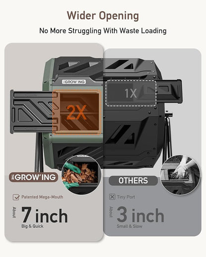 THE Growing 43 Gal Outdoor Compost Bin Tumbler for Backyard Garden, Green | Twin 21.5gal chambers match garden lawns. Pre-embedded nuts for fast setup. Durable resin deters pests and strong odors.
