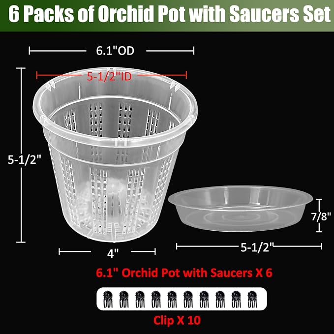 Orchid Pot with Saucers, 6 Packs of 6.1" Orchid Pots with Holes, Orchid Pots for Repotting, Plastic Orchid Planter for Indoor Outdoor Plants (6 Packs, 6.1" with Saucers)