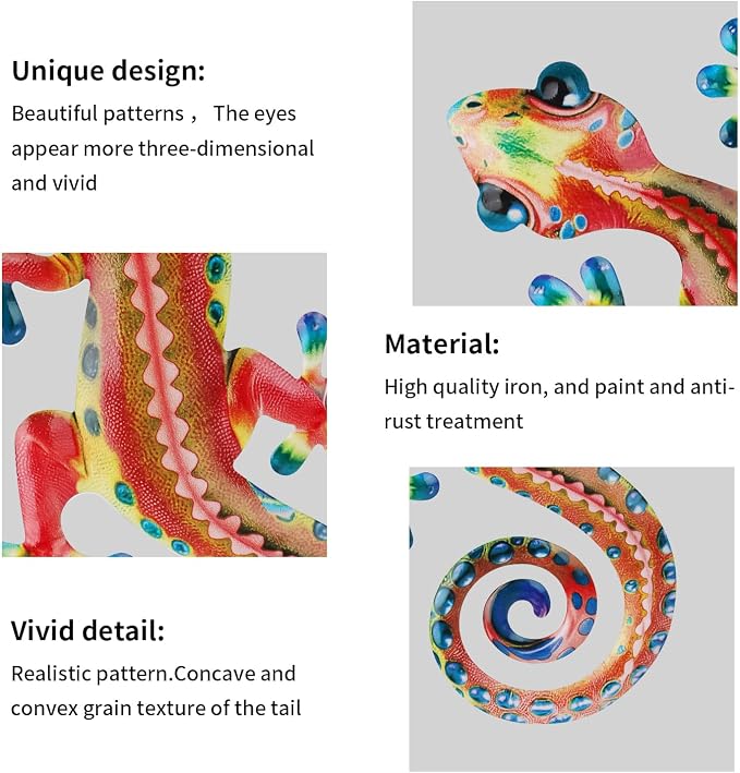 Junware 8 Pcs Metal Gecko Wall Art Outdoor Decor Metal Lizards Wall Decor Lizard 4.2 * 8.5 Inch Suitable for Hanging in Yard Garden Patio Fence Home, Idea Gifts for Mom Father Friends