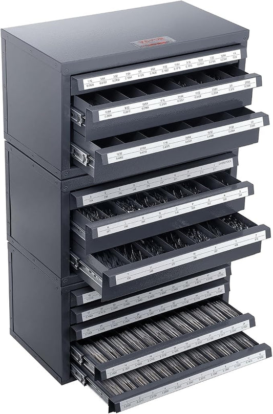 VEVOR Drill Bit Dispenser Cabinet Set, Three-Drawer for 1/16" to 1/2" & Letter Sizes A to Z, Five-Drawer Drill Bit Organizer for Wire Gauge Sizes #1 to #60, 3 Pieces