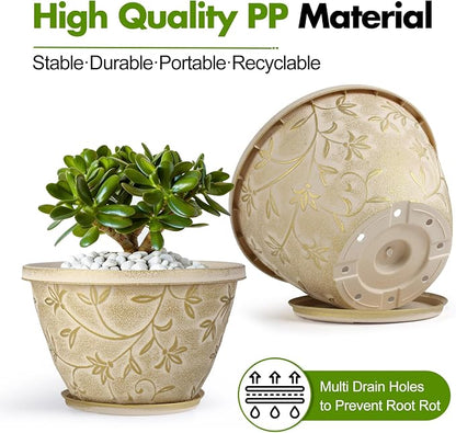 Nooulap 4 Pack 10 Inch Plant Pot with Drainage & Saucer, Plastic Flower Pots Outdoor Indoor, Beige Planters with Gold Flower Partten, for Patio, Garden Home Decor