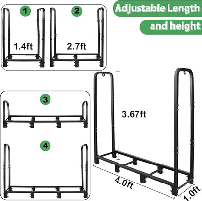 CONNOO 4ft Firewood Rack Stand Heavy Duty Firewood Log Rack Holder Fireplace Wood Storage Holder for Indoor Outdoor Metal Pile Log Stand Stacker Holder, Matte Black Shelves for storage