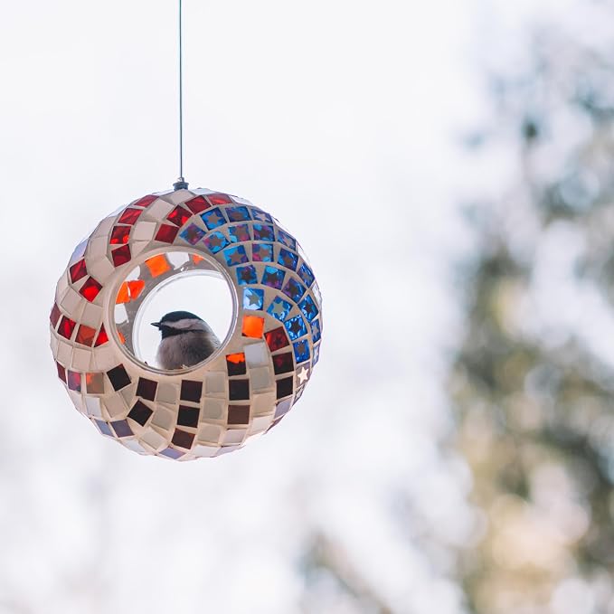 Backyard Expressions Hanging Glass Bird Feeder - Patriotic - Fly Through Bird Feeders for Outside, Mosaic Bird Feeder, Round Shape Wild Birdfeeder