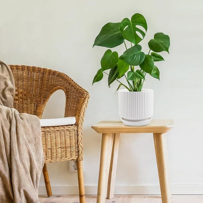 Ceramic-5.1-inch-Flower-Pots-with-Saucer, Small Planters for Indoor Plants with Drainage Hole, White Textured Vertical Stripe Plant Pots for Home Decor, Garden Pot For Succulent Cactus Mint Basil Herb