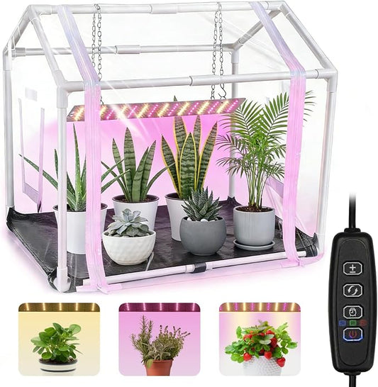 Mini Greenhouse with Grow Light for Indoor, PVC Planting Tent with Waterproof Mat & Zipper Door,15W Full-Spectrum LED Plant Grow Light and Timer for Seed Starter Tray for Indoor and Outdoor Plants