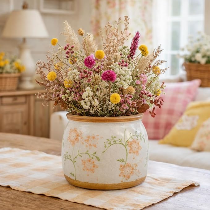 Vintage Ceramic Flower Pots - Indoor Outdoor Planters with Drainage Holes & Filter Screen, 6.5’’& 9’’ Rustic Farmhouse Decorative Plant Pots for Garden/Patio