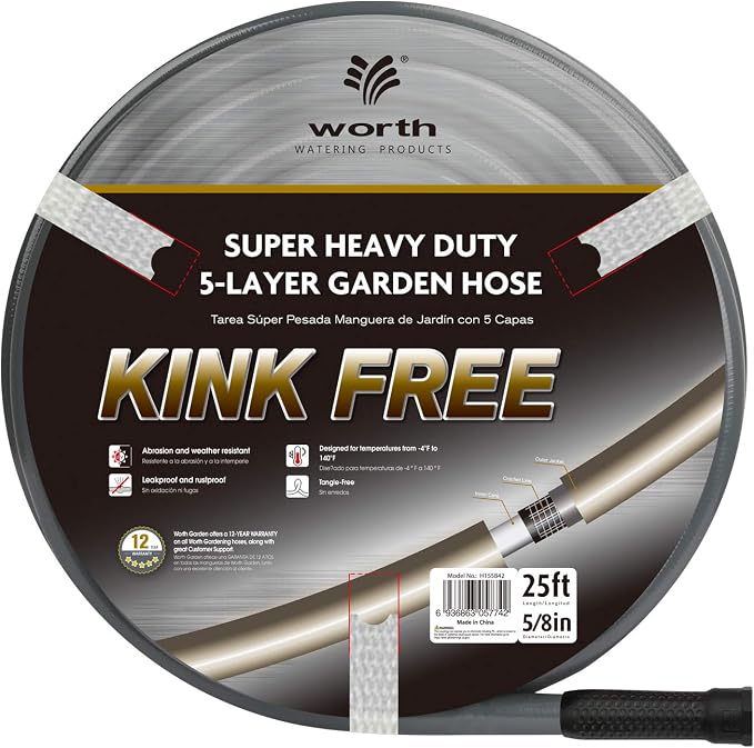 Worth Lead-in Gray Garden Hose 5/8 in. x 25 ft. -Kink Free, No Leaking, Male/Female Fittings -Heavy Duty Durable Flexible Lightweight Water Pipe -Brass Aluminum Ends for Household & Yard Use