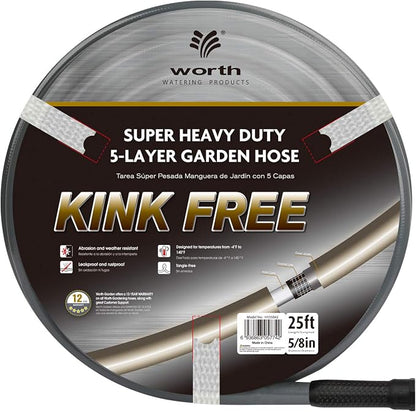 Worth Lead-in Gray Garden Hose 5/8 in. x 25 ft. -Kink Free, No Leaking, Male/Female Fittings -Heavy Duty Durable Flexible Lightweight Water Pipe -Brass Aluminum Ends for Household & Yard Use