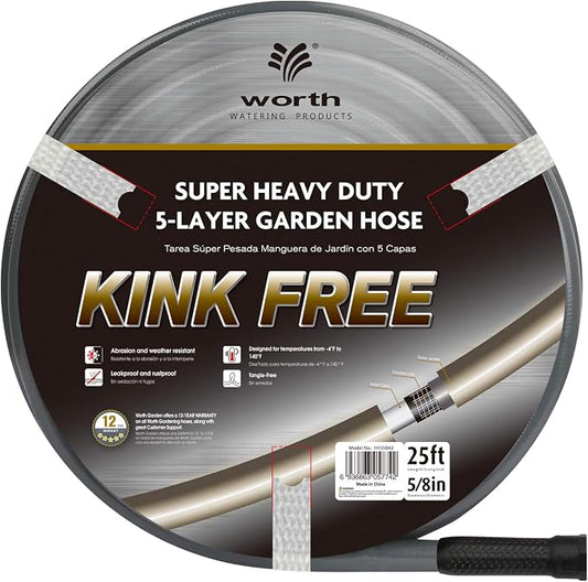 Worth Lead-in Gray Garden Hose 5/8 in. x 25 ft. -Kink Free, No Leaking, Male/Female Fittings -Heavy Duty Durable Flexible Lightweight Water Pipe -Brass Aluminum Ends for Household & Yard Use