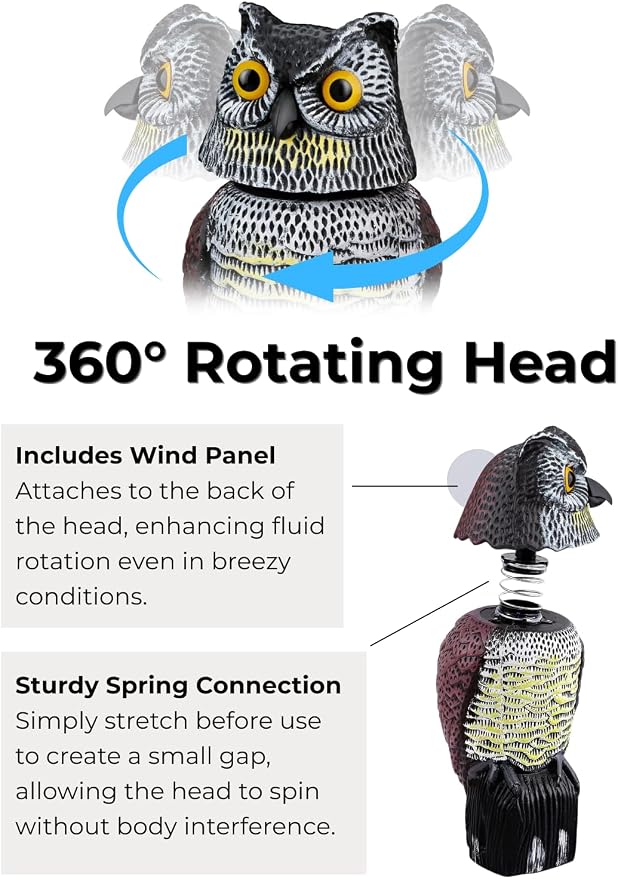 Garden Fake Owl Sculpture with 360° Rotating Head, Waterproof Moving Garden Owl, Outdoor Statue for Yard Patio Balcony Roof Barn Driveway