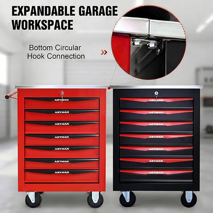 7-Drawer Rolling Tool Chest, Lockable Stainless Worktop for Garage, Red | Heavy Duty Metal Tool Cabinet with Drawers on Wheels for Warehouse and Workshop Storage