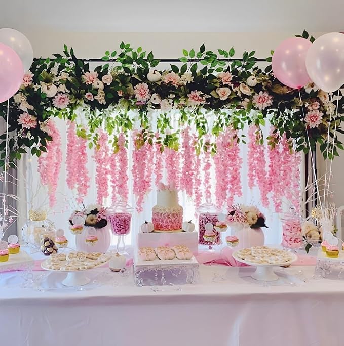 Artificial Wisteria Hanging Flowers-Fake Wisteria Flower Garland Silk Vines Rattan Decor for Home Wedding Arch Wall Garden Greenery Bedroom Outdoor Office Party Decoration(36, Dark Pink)