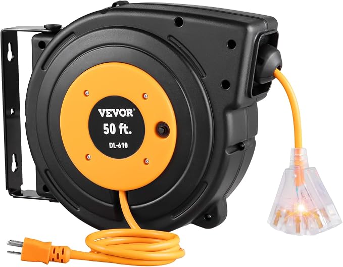 VEVOR Retractable Hose Reel, 65 ft x 5/8 inch, 180° Swivel Bracket Wall-Mounted & Retractable Extension Reel, 50 FT Heavy Duty 14AWG/3C SJTOW Power Cord