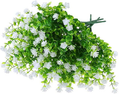 XLFAQXM Artificial Plants Flowers Grass Shrubs 8 Pack No Fade Faux Plastic Flowers Outdoor for Vases Farmhouse Garden Porch Patio Office Indoor Wedding Decoration Greenery Fake Plants (2#White)