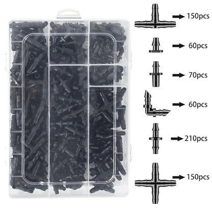 Unoutur 600 Pcs Barbed Connectors Drip Irrigation Fittings Kit, 1/4" Drip Irrigation Kit for Garden Flower Pot Greenhouse Lawn (Straight Barbs,Single Barbs,Tees,Elbows,End Plug,4-Way Coupling)