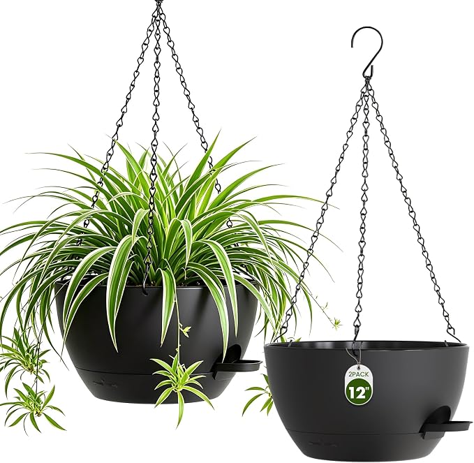 12 Inch Large Self Watering Hanging Planters 2 Pack with Saucers | Set of 2 12-inch self-watering hanging planters with extra soil capacity, side-fill ports, chain hangers & snap-on saucers